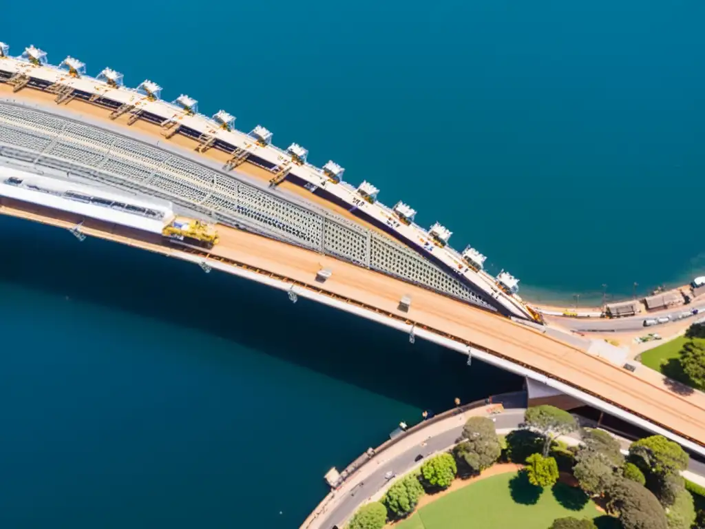 Vista aérea de la construcción del Puente Bahía Sídney, destacando la magnitud del proyecto y la actividad frenética de los trabajadores y maquinaria