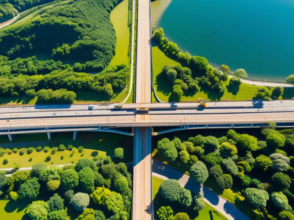 Vista aérea de la construcción de un puente famoso, con redes de bases y pilotes, trabajadores y paisaje verde