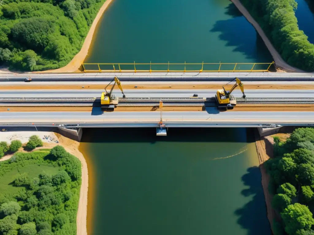 Vista aérea de la construcción de un puente con medidas de mitigación ambiental