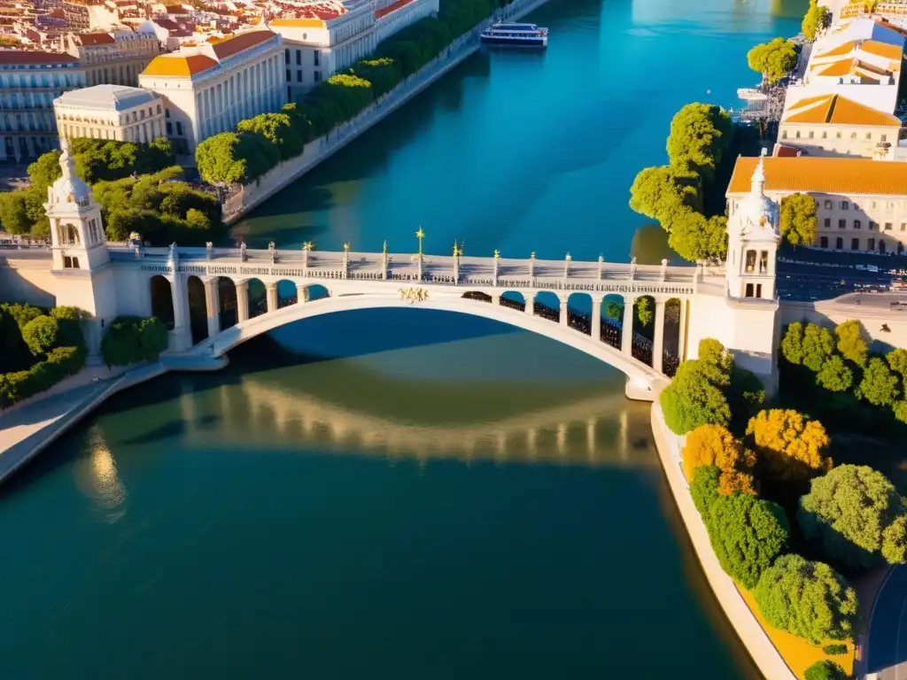 Vista aérea detallada en 8k de la arquitectura ornamental del Puente Alejandro III en París, con juego de luz sobre el río Sena