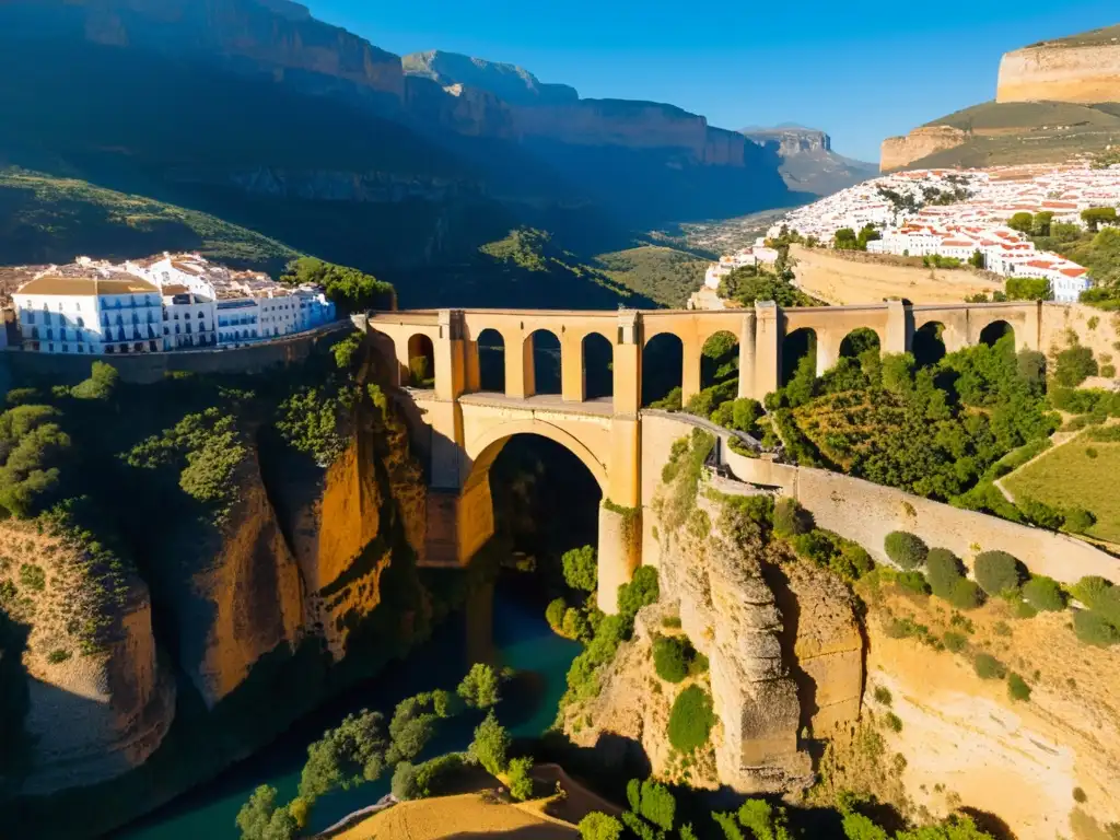 Vista aérea detallada de la arquitectura del Puente Nuevo de Ronda y su impresionante entorno natural de la garganta