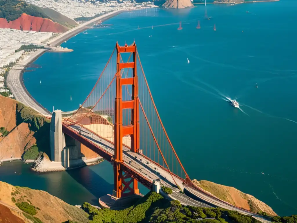 Vista aérea detallada del Puente Golden Gate en San Francisco, con la ciudad y la costa en el fondo