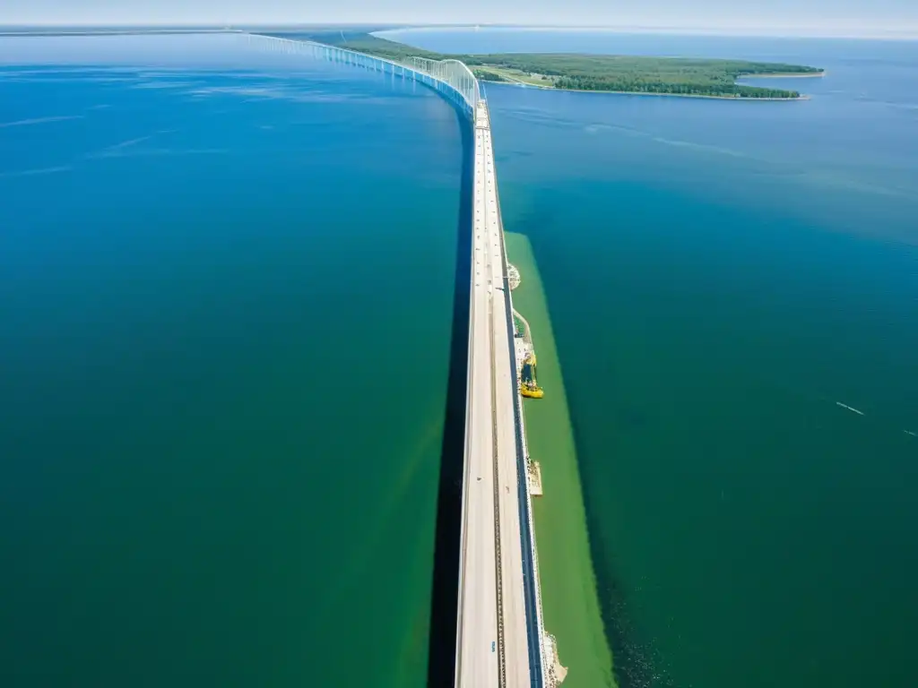 Vista aérea detallada de la construcción del Puente Mackinac en Michigan, mostrando la red de cables de acero, pilares de concreto y trabajadores