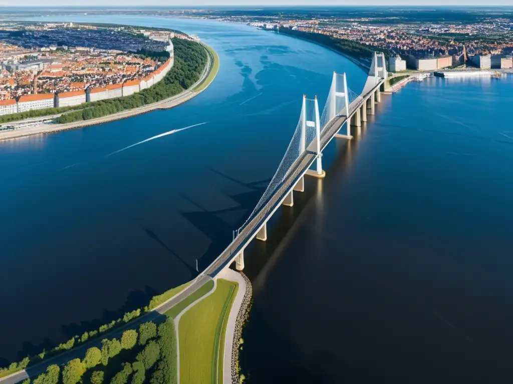 Vista aérea detallada del Puente Oresund de día y de noche, integrado en el paisaje