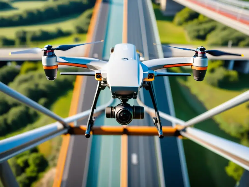 Vista aérea detallada de un dron inspeccionando un puente, reduciendo costos de mantenimiento con tecnología avanzada