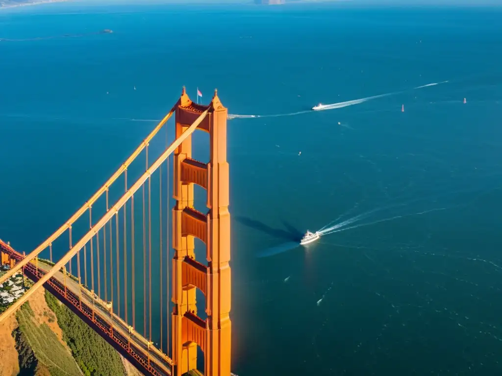 Una vista aérea detallada del icónico Puente Golden Gate en San Francisco, con su estructura de acero, color naranja y belleza natural