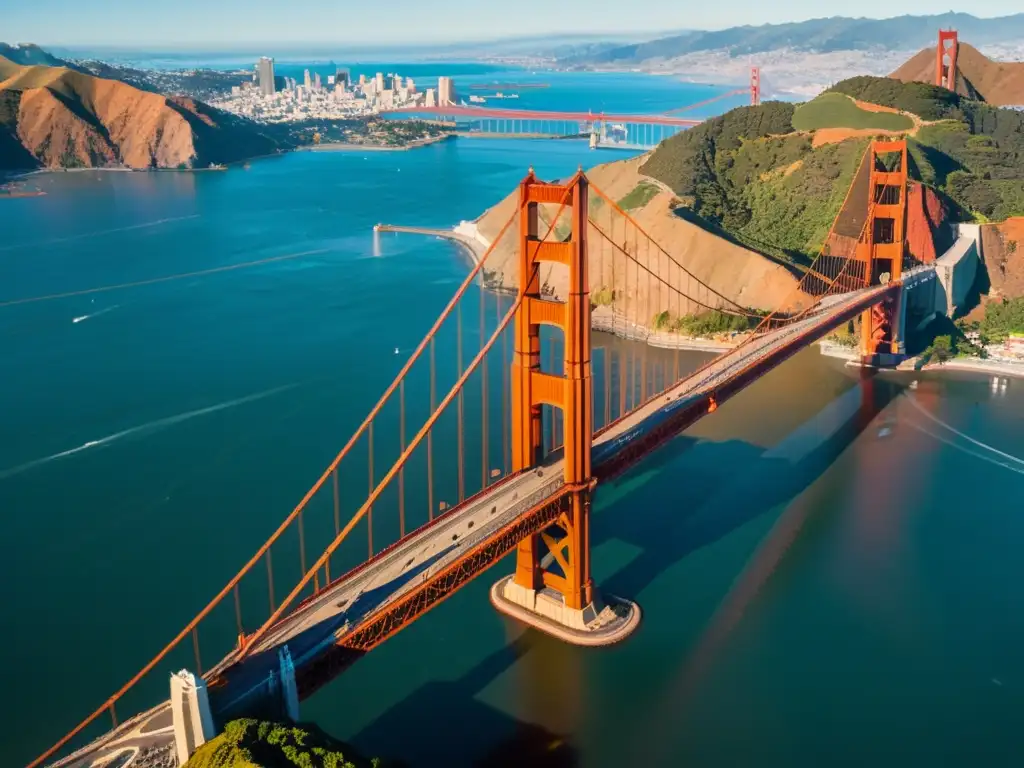 Vista aérea detallada del icónico Puente Golden Gate en San Francisco, California