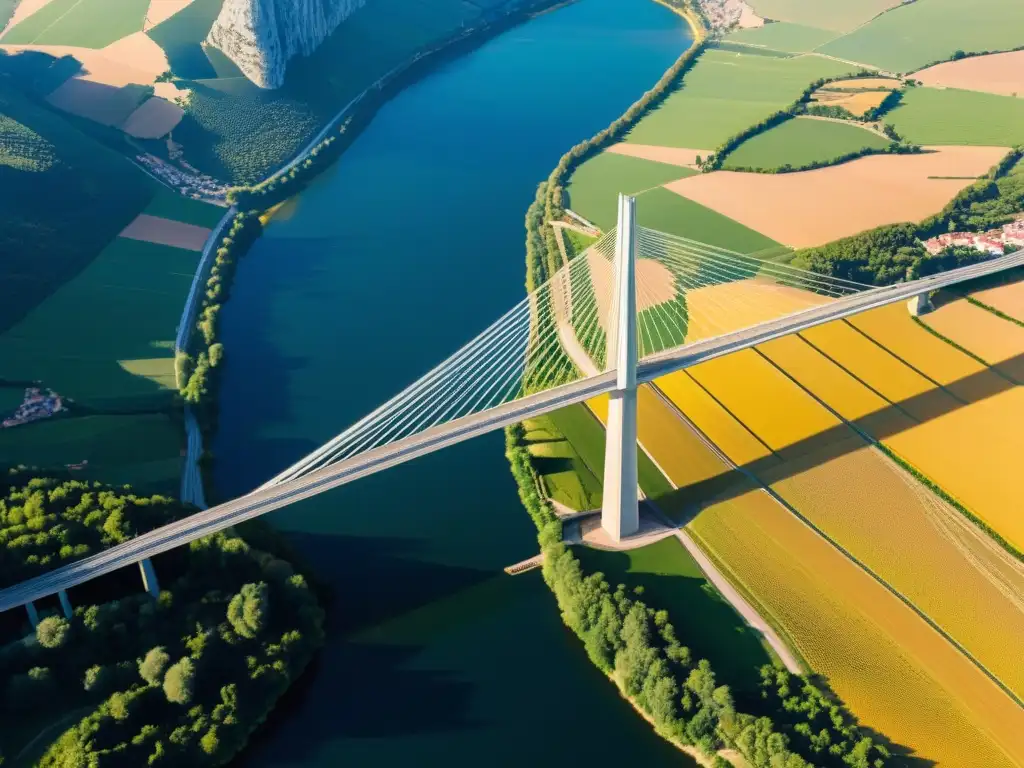 Vista aérea detallada del icónico Viaducto de Millau en Francia, con su diseño de cables y pilares gigantes que resaltan su ingenio