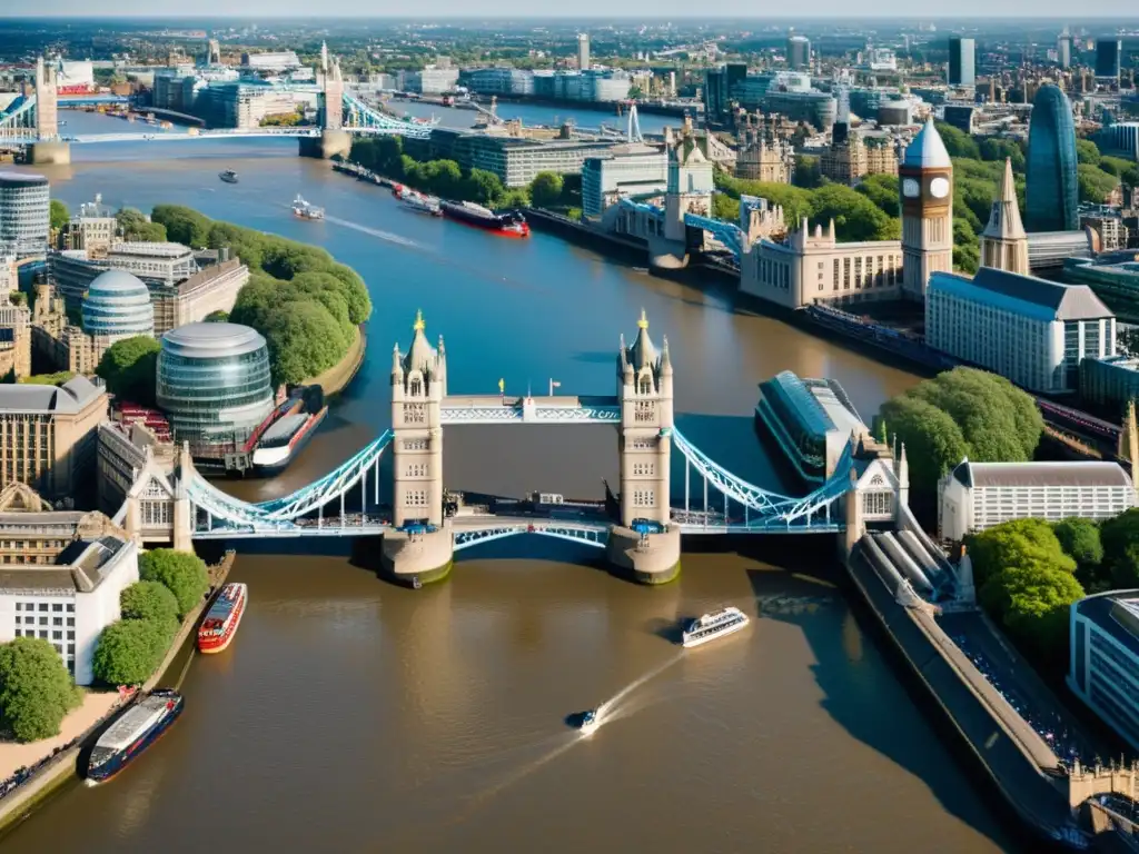 Vista aérea detallada del icónico Puente de la Torre en Londres, resaltando su integración en el diseño urbano, rodeado por el río Támesis y la ciudad