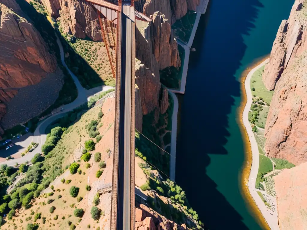 Vista aérea detallada en 8k del Puente Royal Gorge, resaltando su ingeniería y entorno natural