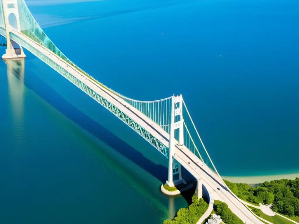 Vista aérea detallada del majestuoso Puente Mackinac en Michigan, destacando su elegante estructura y conexión entre penínsulas