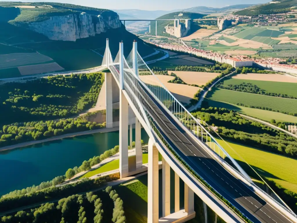 Vista aérea detallada del Puente Millau, resaltando su diseño estructural 3D y su armonía con el entorno natural