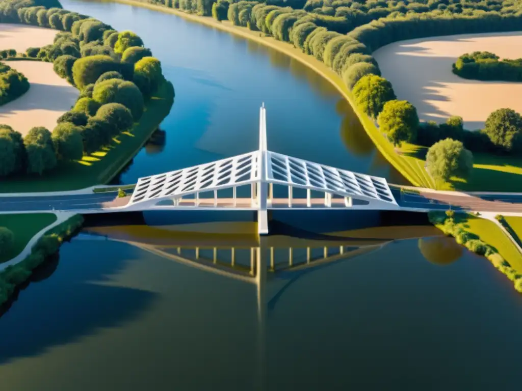 Vista aérea detallada de un puente impreso en 3D sobre un río, bañado por cálida luz solar