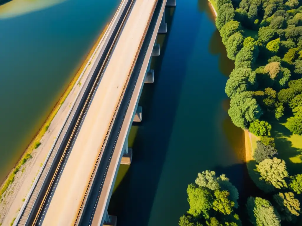 Vista aérea detallada de un puente, con estructura de acero y rivetes, capturada por un dron