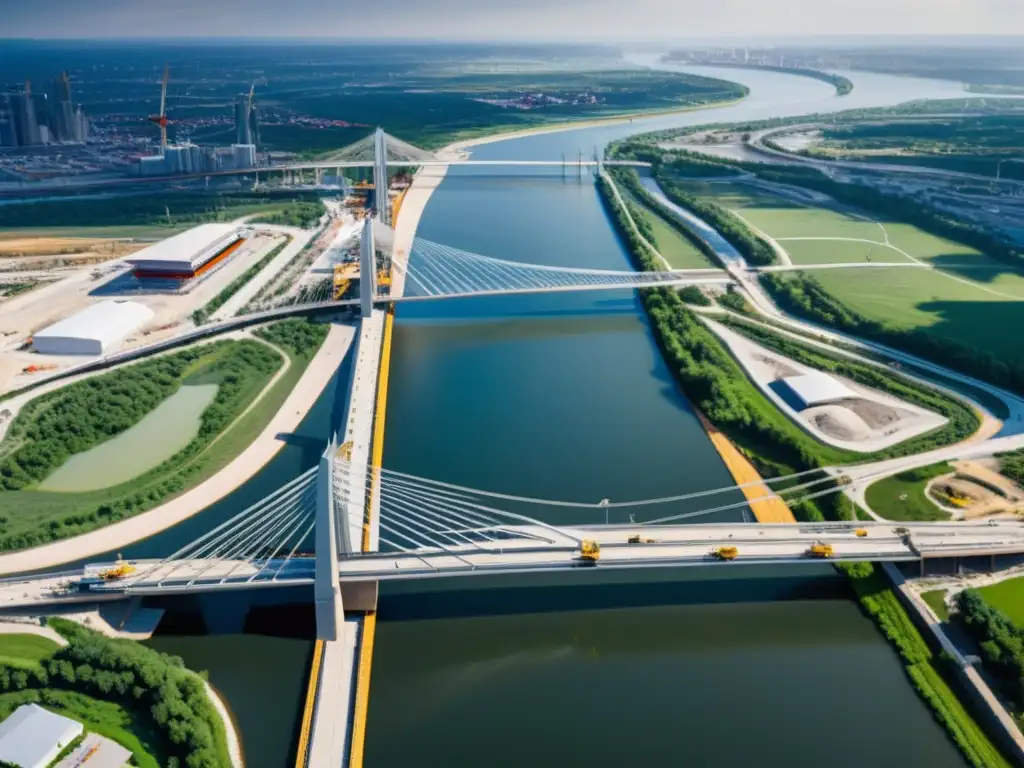 Vista aérea detallada de un puente en construcción, mostrando la complejidad de la ingeniería de puentes