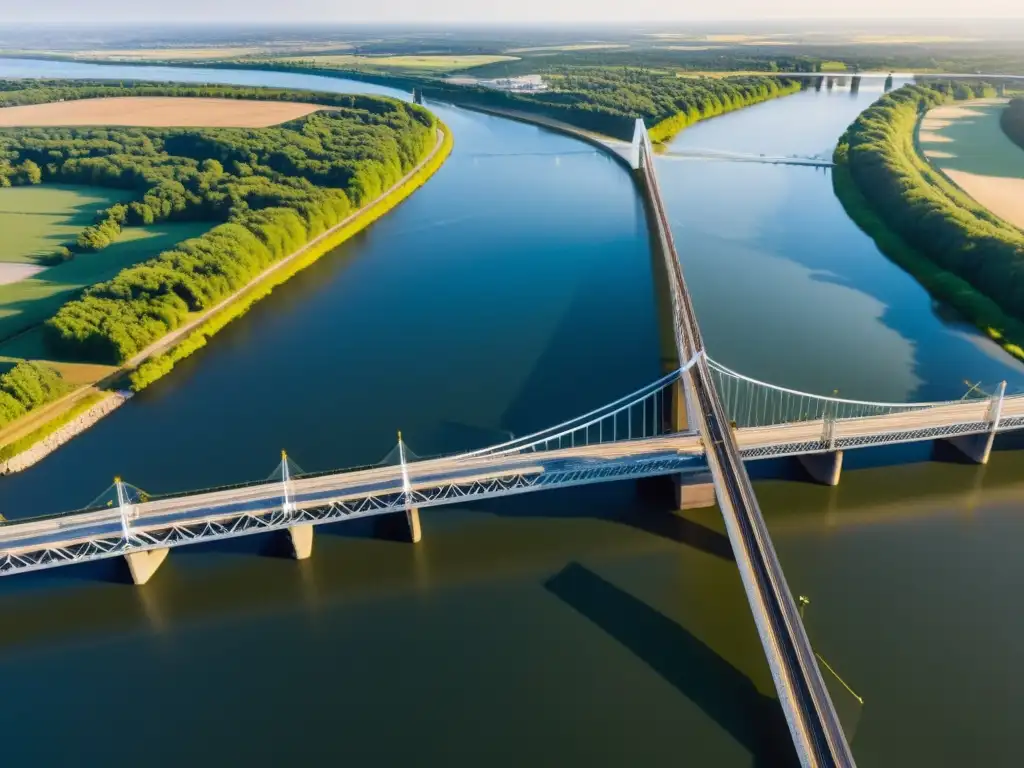 Vista aérea detallada de puentes sobre río con drones sensores realizando inspección