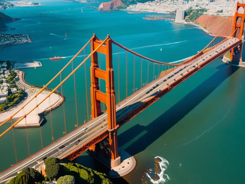 Vista aérea detallada de Puente Golden Gate en San Francisco en 8k con Realidad Aumentada resaltando sus detalles icónicos y la ciudad al fondo