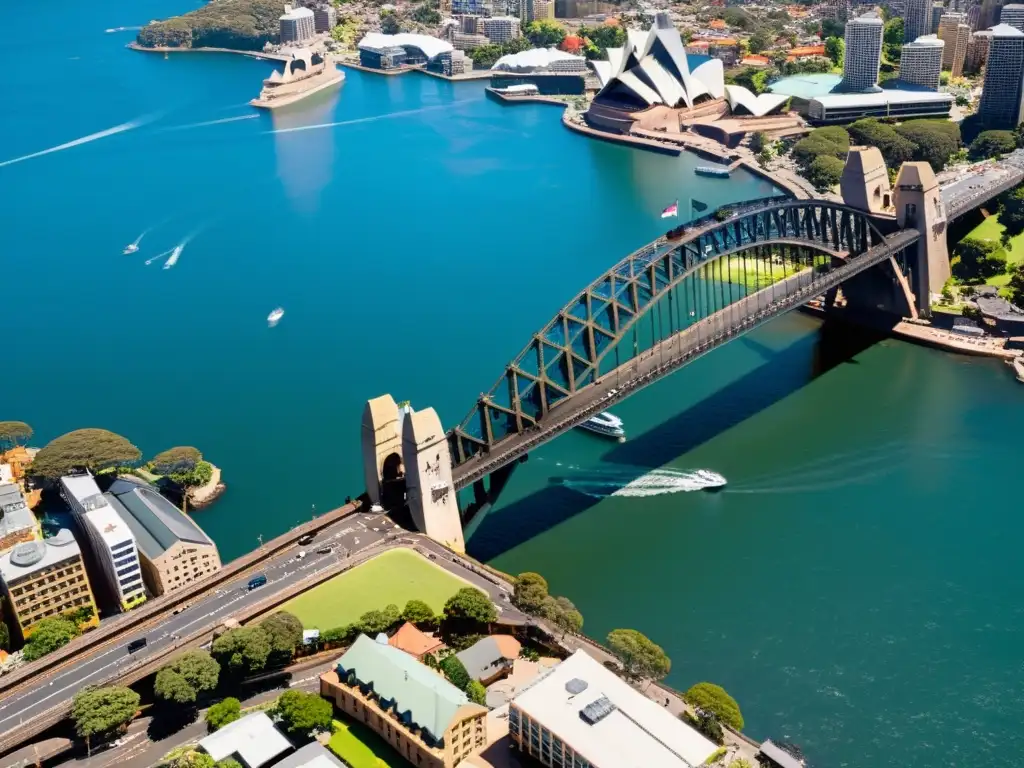 Vista aérea detallada del icónico Sydney Harbour Bridge en Oceanía, con tráfico y paisaje urbano y natural