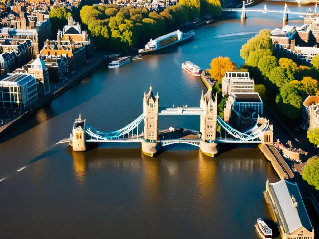 Vista aérea del icónico Tower Bridge de Amsterdam, con detalles arquitectónicos y la ciudad