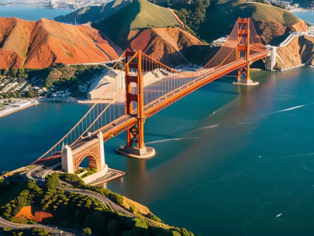 Vista aérea del puente Golden Gate en San Francisco, destacando su diseño arquitectónico y su integración con el entorno