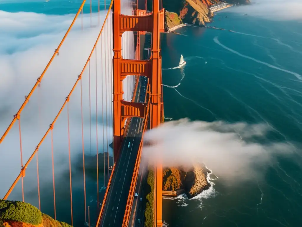 Vista aérea dramática del icónico puente Golden Gate en San Francisco, con la niebla creando una atmósfera emotiva