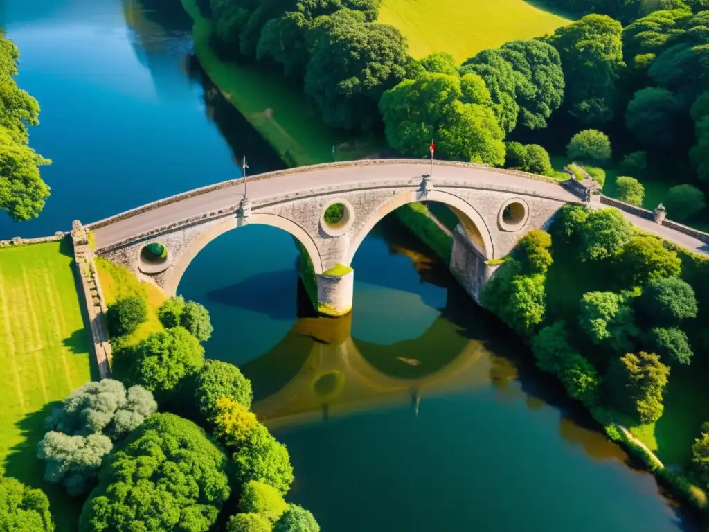 Vista aérea de un dron sobre un puente antiguo, mostrando la contribución de drones a puentes con detalles arquitectónicos y paisaje natural