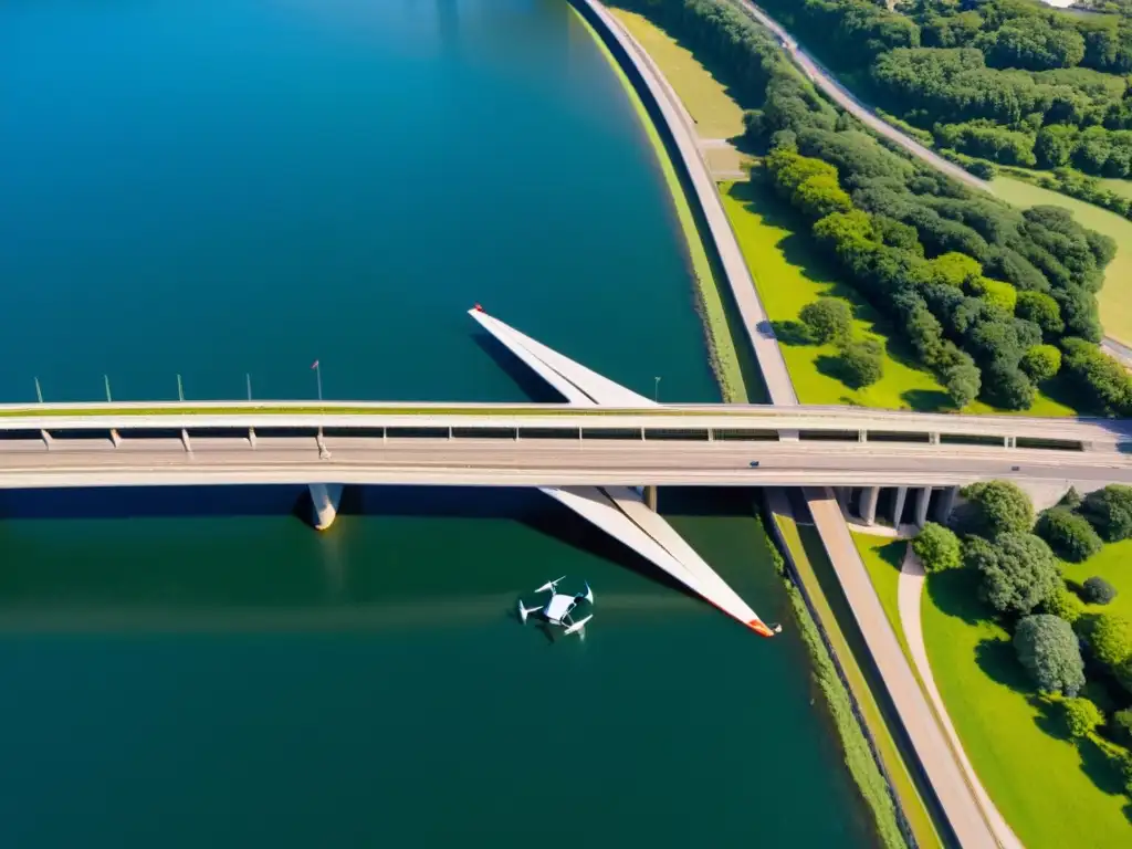 Vista aérea de drone sobre icónico puente, destacando precisión y tecnología