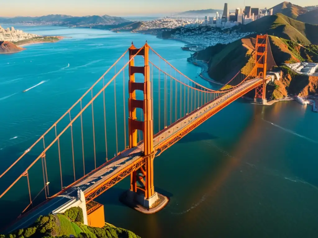 Vista aérea del emblemático Puente Golden Gate en San Francisco, diseño urbano y belleza natural