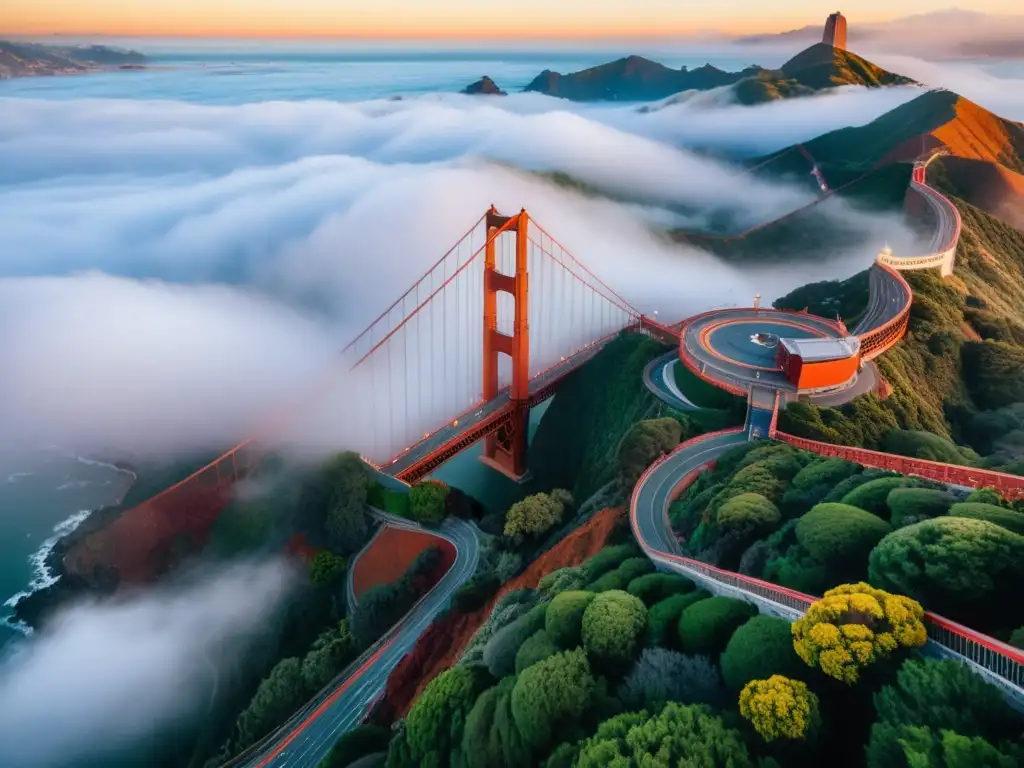 Vista aérea del Puente Golden Gate envuelto en la icónica neblina de San Francisco