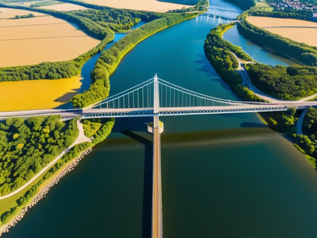 Vista aérea espectacular de un puente impresionante sobre un río, destacando su estructura y entorno