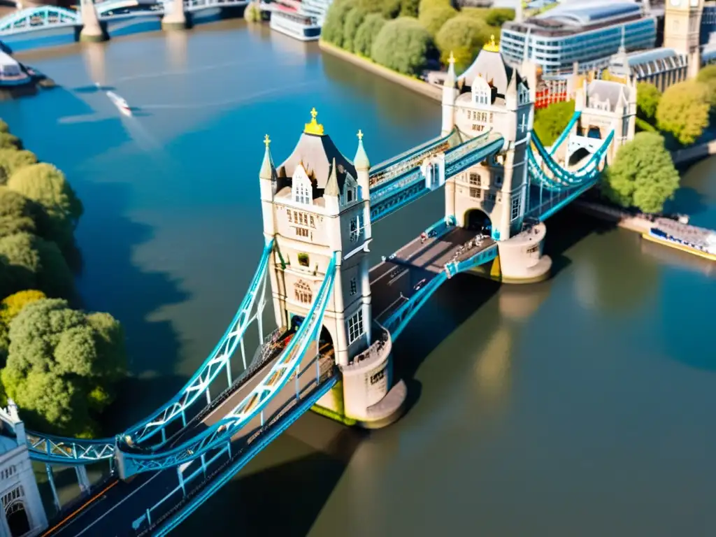 Vista aérea en 8k de la estructura tridimensional del Puente de la Torre, destacando su belleza arquitectónica y su importancia en el paisaje urbano