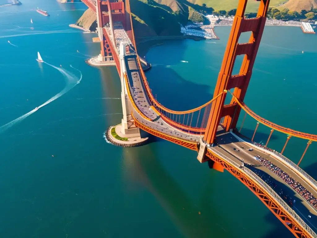 Vista aérea del Puente Golden Gate durante un evento cultural, con multitud diversa participando en actividades culturales