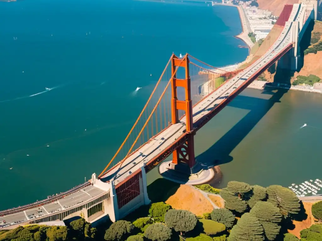 Vista aérea del Puente Golden Gate en San Francisco durante un evento cultural, simbolizando el impacto cultural de los puentes icónicos en el mundo