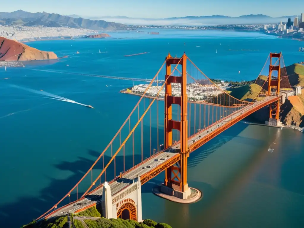 Vista aérea del Puente Golden Gate con exposiciones de arte vibrantes suspendidas de los cables, fusionando arte y arquitectura en San Francisco