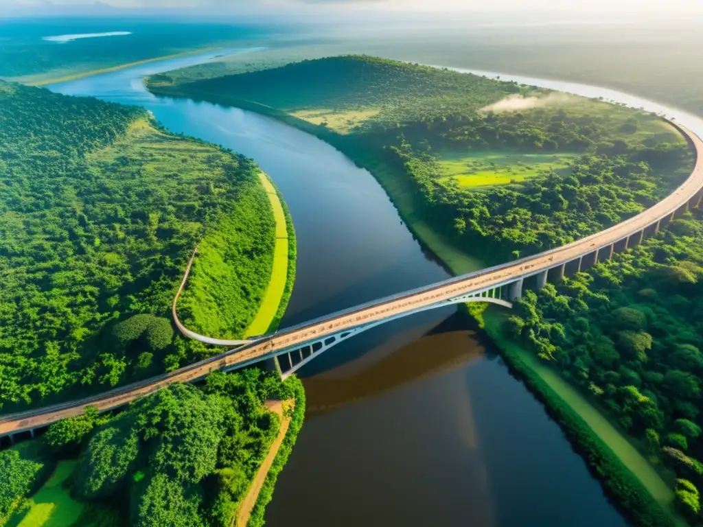 Vista aérea del puente Lusenda en el exuberante paisaje del Congo, fusionando moderna arquitectura con la naturaleza, bañado por cálida luz solar