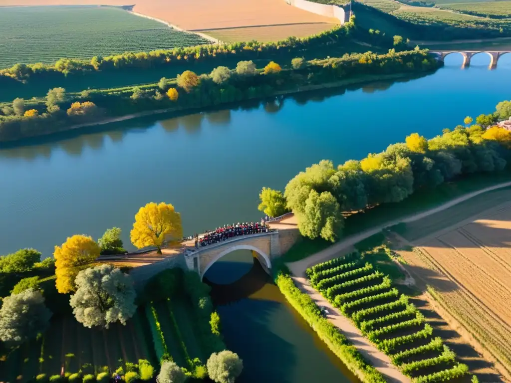 Vista aérea del Festival de la Vendimia en el Puente de Piedra con viñedos, música y cata de vinos al atardecer