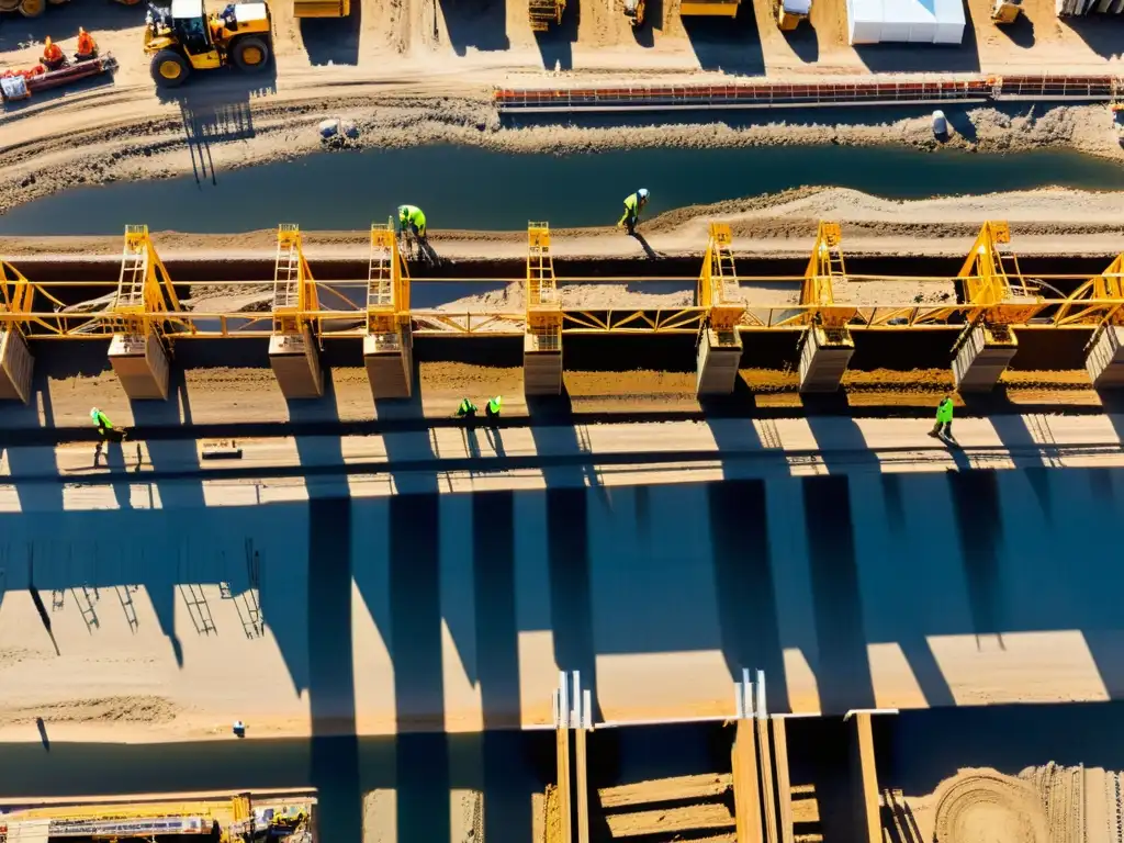 Vista aérea de un gran sitio de construcción con bases y pilotes, maquinaria pesada y trabajadores supervisando la operación