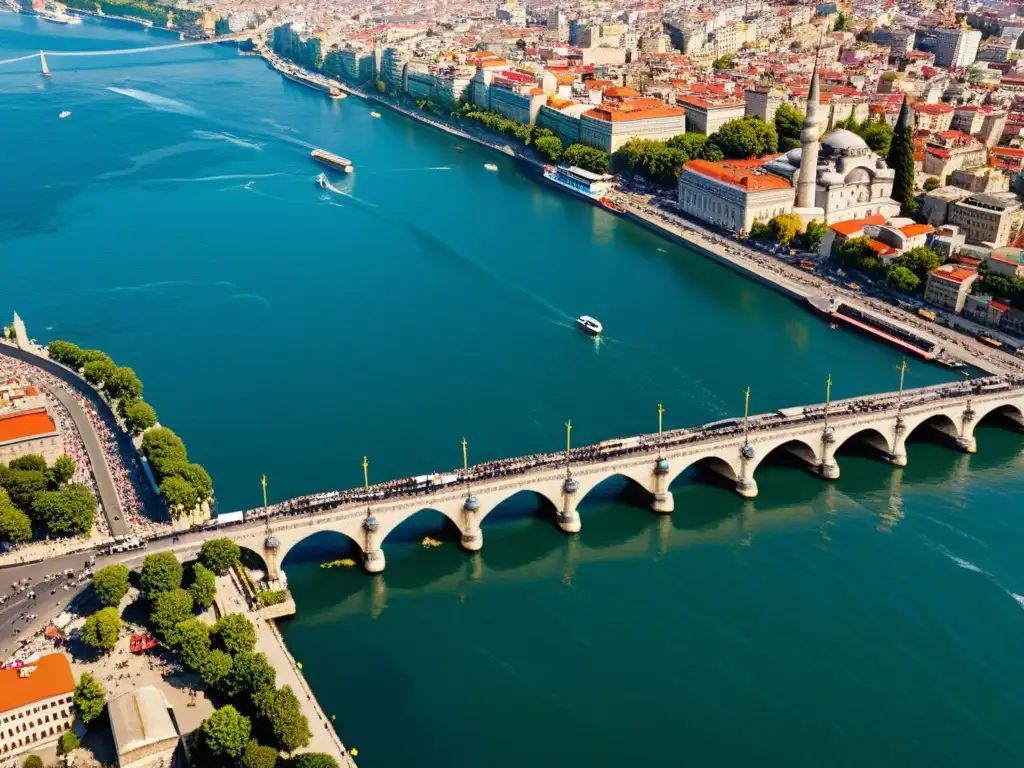 Vista aérea del histórico Puente Galata sobre el Cuerno de Oro, Estambul