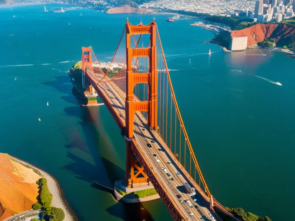 Vista aérea de alta resolución del Puente Golden Gate en San Francisco, destacando su icónica estructura rojo-naranja y la ciudad