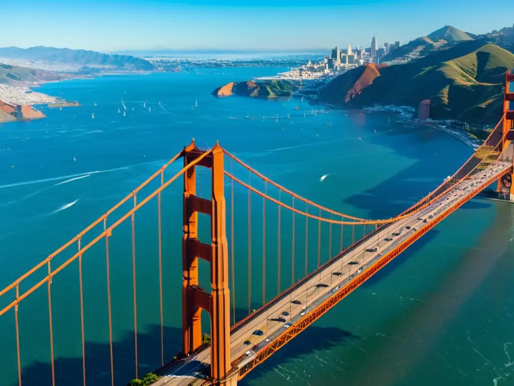 Vista aérea del icónico Puente Golden Gate en San Francisco, con aguas azules y la ciudad al fondo