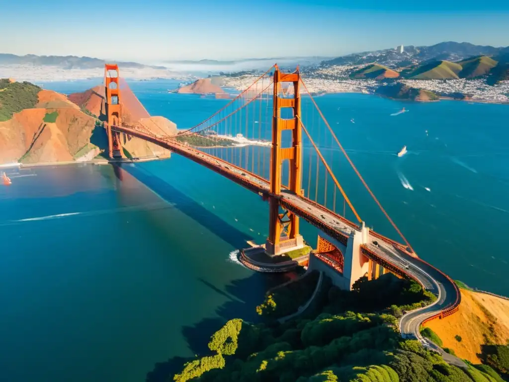 Vista aérea del icónico Puente Golden Gate en San Francisco, sus arcos rojo anaranjados se destacan sobre la bahía azul