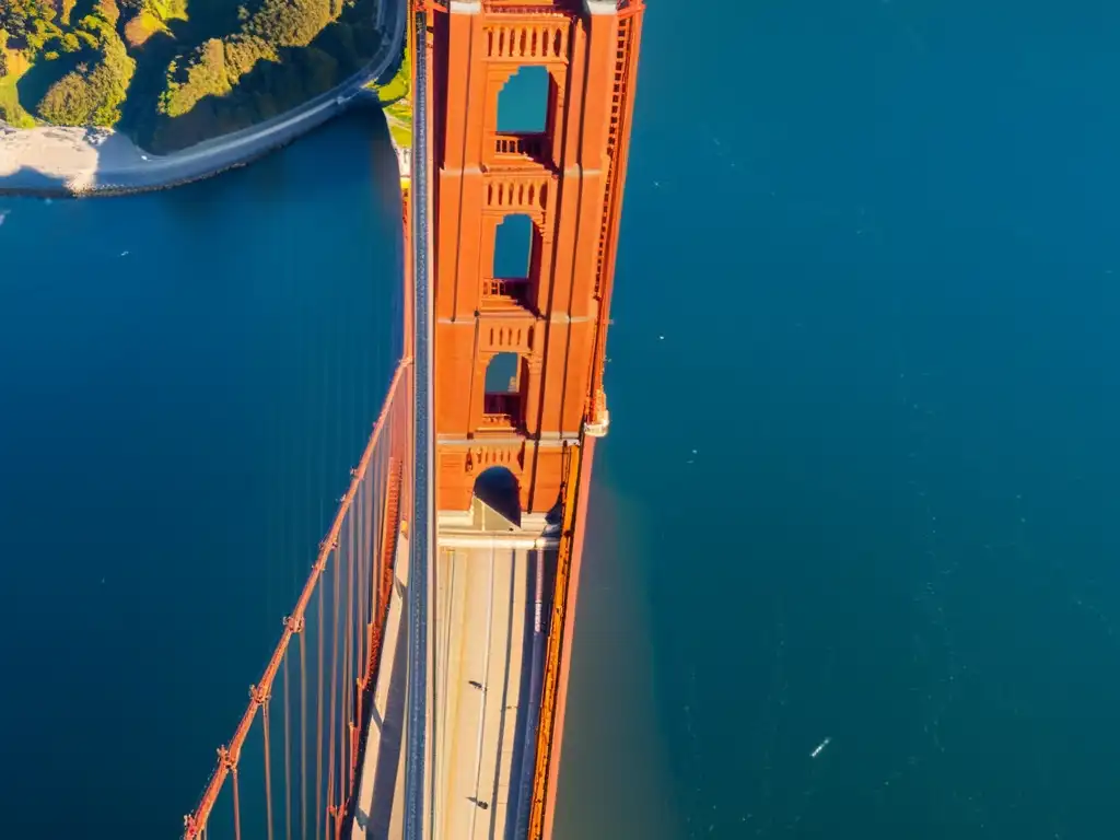 Vista aérea del icónico puente Golden Gate en San Francisco, resaltando su arquitectura e ingeniería