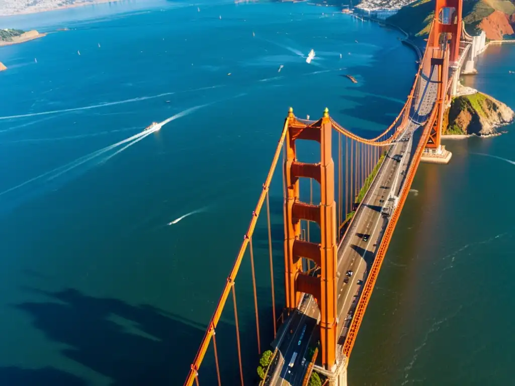 Vista aérea del icónico Puente Golden Gate en San Francisco, destacando su arquitectura y belleza, puentes icónicos historia arquitectura