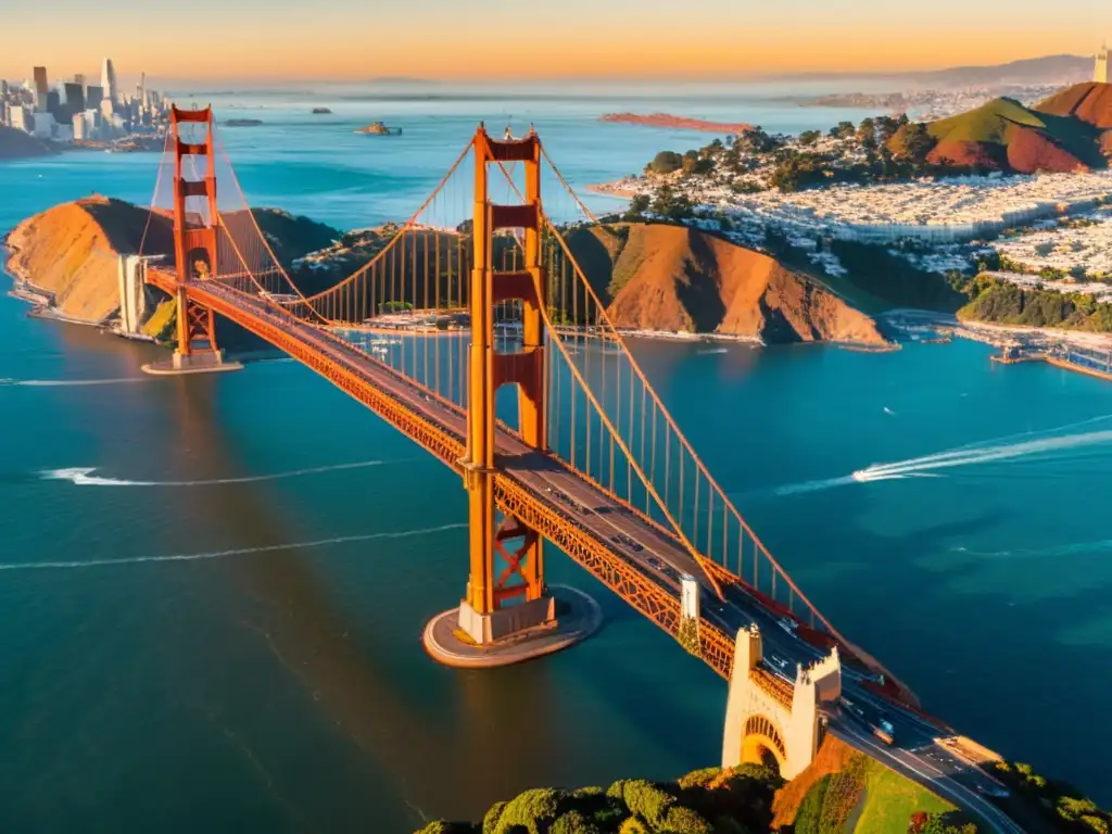 Vista aérea del icónico Puente Golden Gate en San Francisco al atardecer