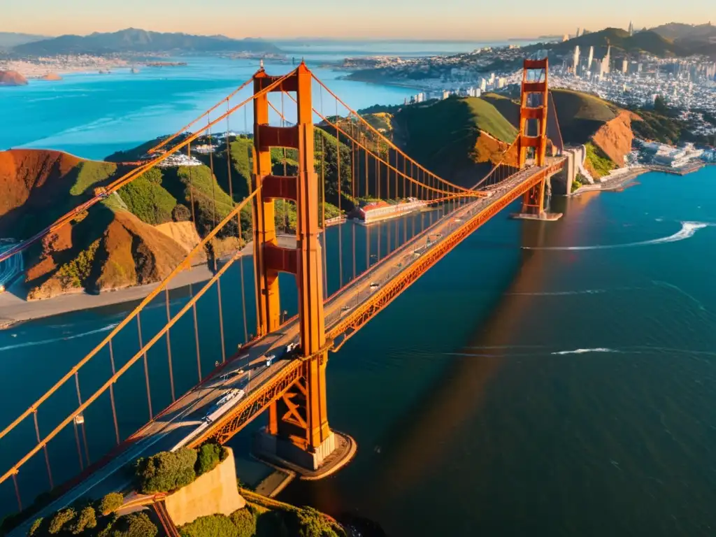 Vista aérea del icónico Puente Golden Gate al atardecer en San Francisco, con cálida luz dorada y reflejos en el agua