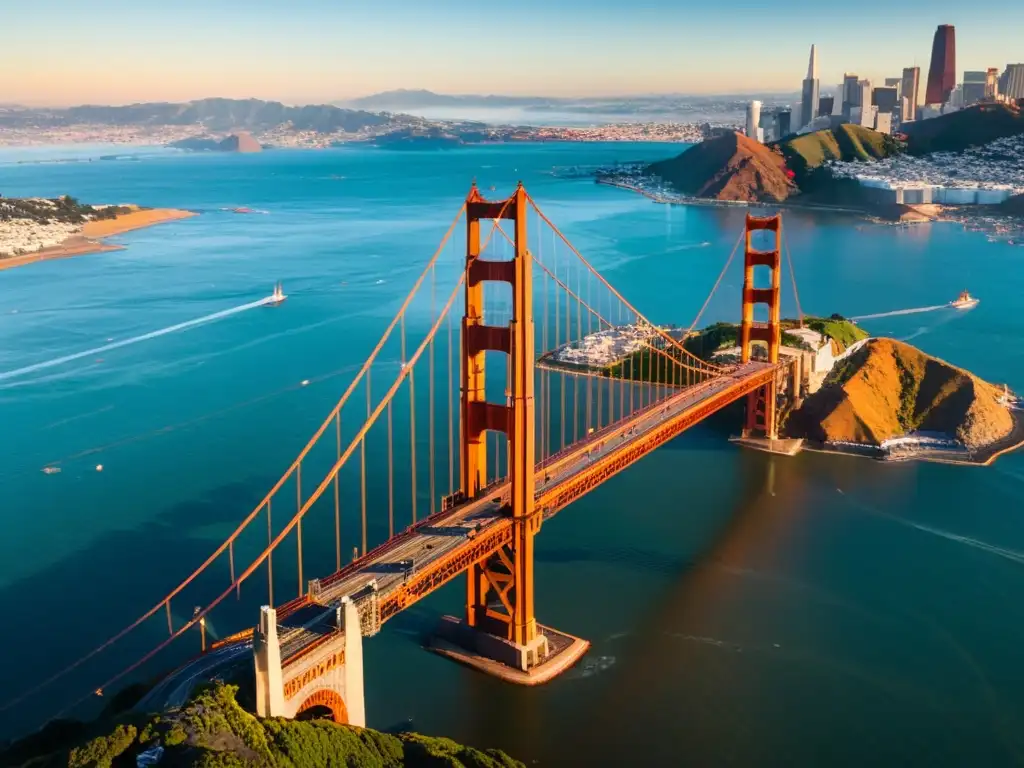 Vista aérea del icónico Puente Golden Gate al atardecer, resaltando su arquitectura icónica y su importancia histórica en San Francisco