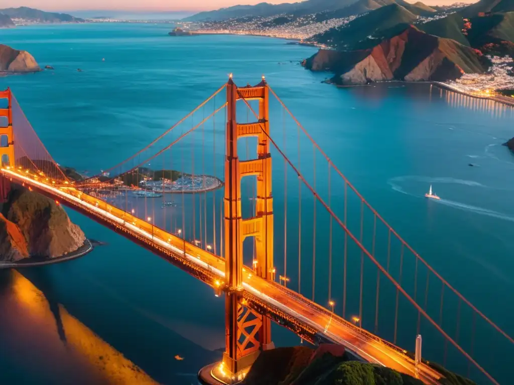 Vista aérea del icónico Puente Golden Gate en San Francisco al atardecer, con reflejo en el agua