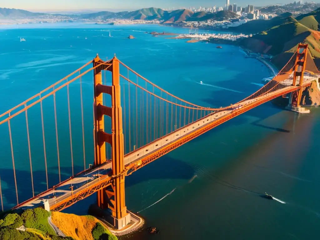 Vista aérea del icónico Puente Golden Gate al atardecer en San Francisco