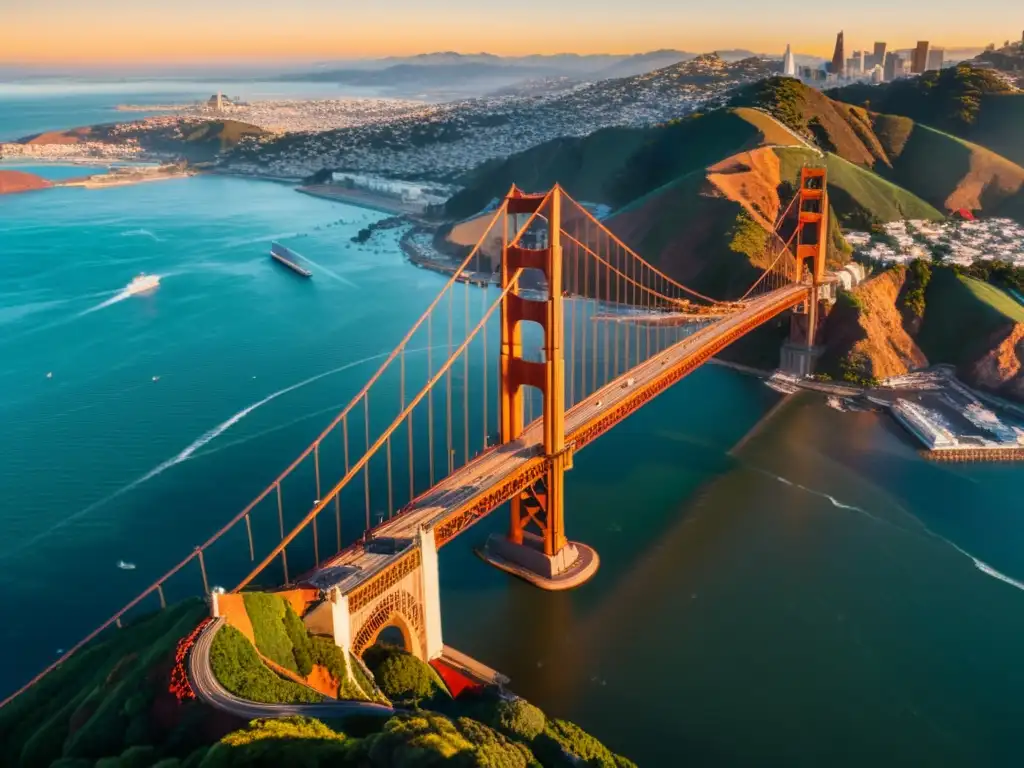 Vista aérea del icónico Puente Golden Gate al atardecer, evocando asombro y exploración en San Francisco