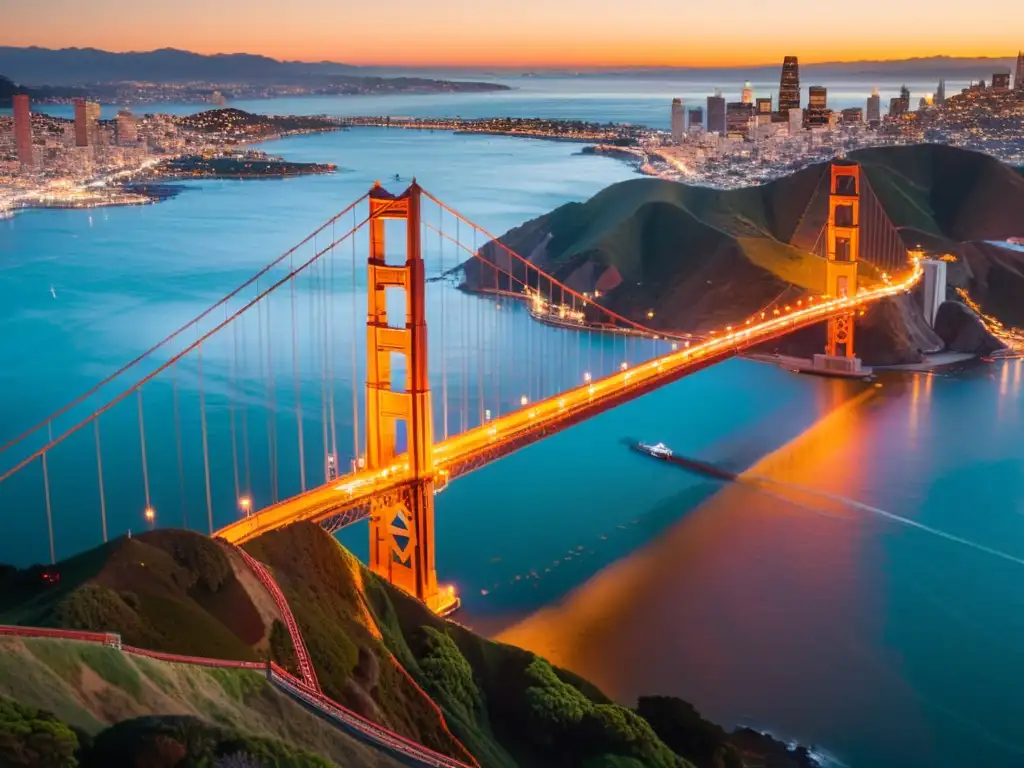 Vista aérea del icónico Puente Golden Gate al atardecer en San Francisco, reflejando la ingeniería de puentes icónicos mundo